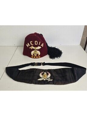 VTG Media Band Temple Fez Cap Hat with Tassel & Medal Cummerbund PA Shriner